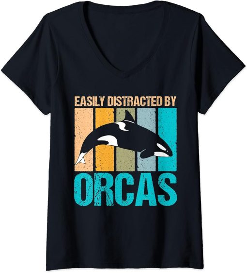 Womens Retro Easily distracted by orcas design cute orca V-Neck T-Shirt