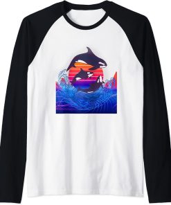 Vaporwave Aesthetic Synthwave 80s 90s Orca Killer Art Whale Raglan Baseball Tee