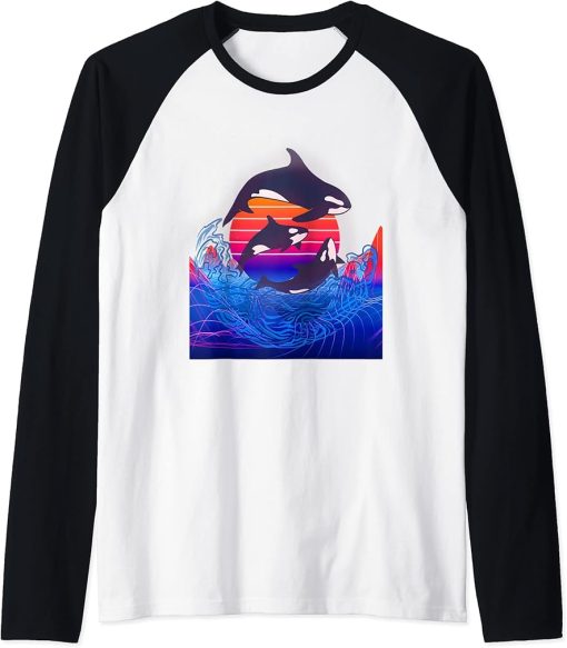 Vaporwave Aesthetic Synthwave 80s 90s Orca Killer Art Whale Raglan Baseball Tee