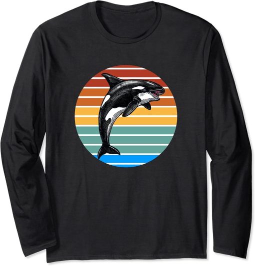 Orca Whale Vintage Retro Sunset Design Long Sleeve T-Shirt